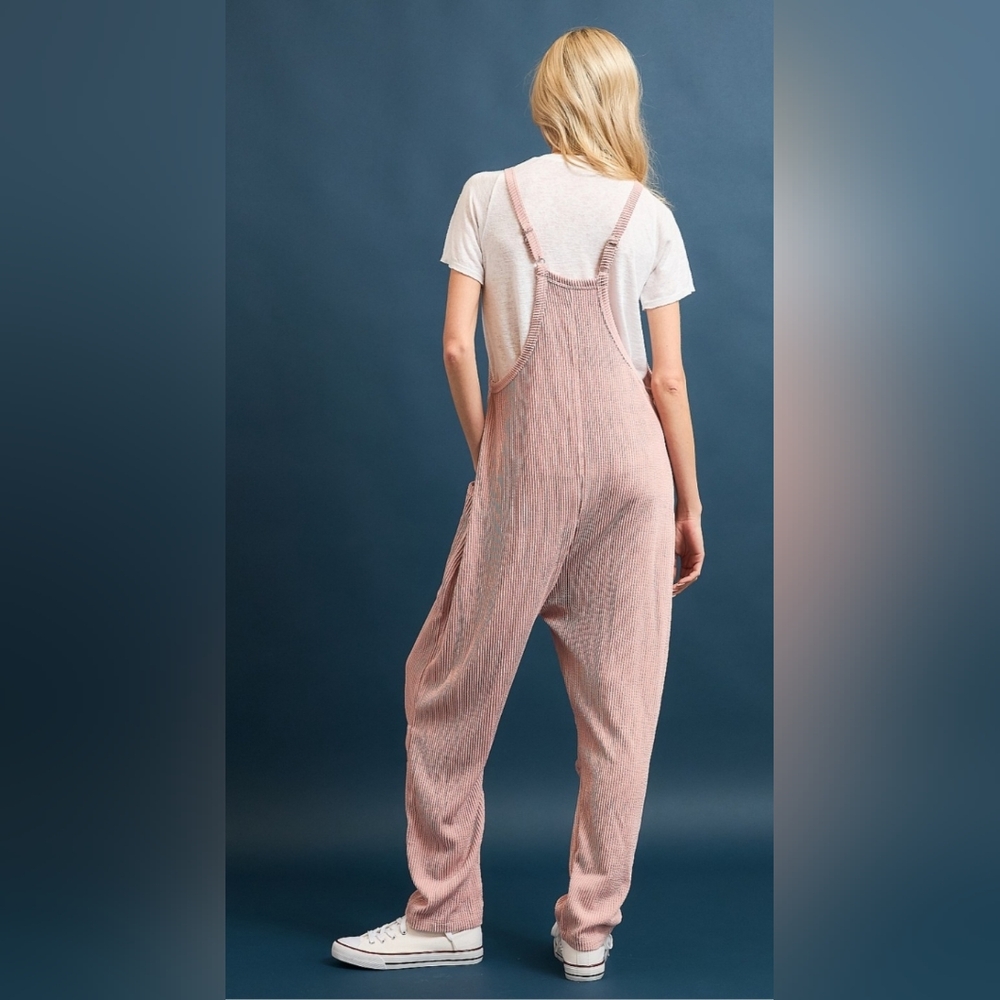 🐼#1248 WASABI + MINT Rose Petal Wave Ribbed Relaxed Overalls - Picture 2 of 2